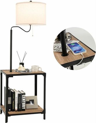 Costway Floor Lamp Bedside Nightstand End Table Lamp W/ End Table and USB Charging Ports
