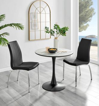 Furniturebox Elina White Marble Effect Scratch Resistant Dining Table & 2 Isco Faux Leather Chairs in Black