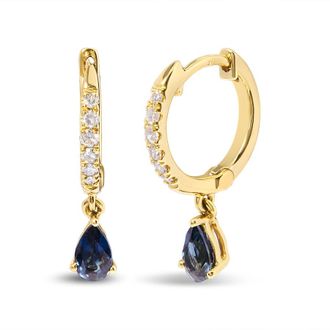 House of Brilliance 10K Yellow Gold Pear Blue Sapphire and 1/10 Cttw Diamond Drop and Dangle Huggy Hoop Earrings (H-I Color, I1-I2 Clarity)