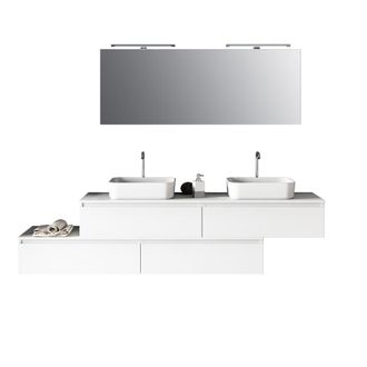 Aquadesign Mueble de ba&ntilde;o de 9 piezas con doble lavabo en melamina blanca