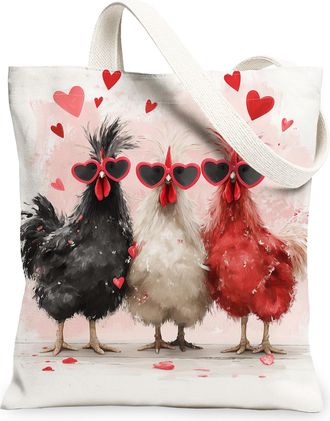 Generic Love Birds Canvas Tote Bags, Heart Pattern Reusable Grocery Bags, ValentineS Day Vintage Cute Lightweight Washable Shoulde, White, 13x15 Inch