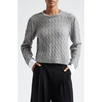 Cinq &agrave; Sept Rosario Embellished Collar Cable Stitch Sweater in Light Heather Grey at Nordstrom Rack, Size X-Small