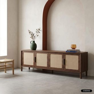 Sweeek Mueble de tv vintage con decoraci&oacute;n de madera y rejilla, 4 puertas