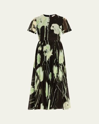 Jason Wu Pleated Watercolor-Print Midi Dress