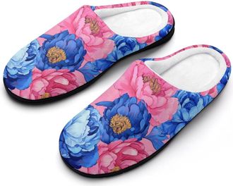 Generic Peony Flowers Watercolor Mens House Slippers Memory Foam Washable Cotton Slip on Home Shoes