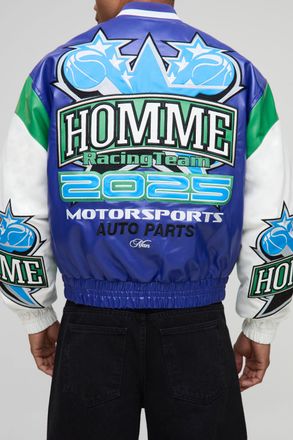 Boohooman Mens Boxy Fit Homme Racing PU Varsity Bomber Jacket - Blue - Size Medium