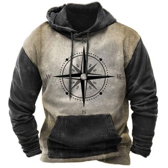 Generic Mens Compass Print Hoodie with Vintage Washed Look, Outdoor Pullover Sweatshirt with Drawstring Hood and Kangaroo Pocket, Grey and Black Explorer Top 