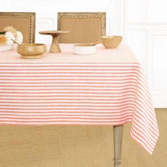 Solino Home Linen Tablecloth for Dining Table, Holiday and Everyday Dining Table Decor - Amalfi Stripe in Orange And White at Nordstrom, Size X-Large