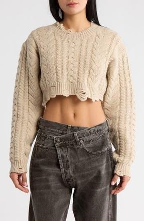 R13 Distressed Wool Cable Knit Crop Sweater in Oatmeal at Nordstrom Rack, Size Medium