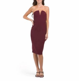 Dress The Population Perla Strapless Cocktail Midi Dress In Burgundy