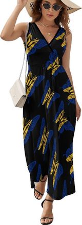 Generic Barbados Flag Butterfly Women Dresses Print Maxi Dress Casual Long Beach Sundress L