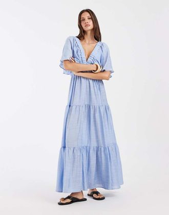 Vero Moda Vestito lungo azzurro a balze con maniche voluminose-Blu
