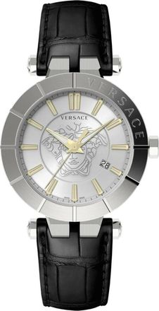Versace V-Race 43 mm horloge - Heren - Horloges - Grijs - ONE Size - Leer - Accessoires