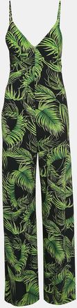 Norma Kamali Black/green Palm Leaf Print Jersey Slip Jumpsuit