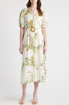 ZOE AND CLAIRE Printed Puff Sleeve Belted Midi Dress in Green Multi at Nordstrom, Size X-Large