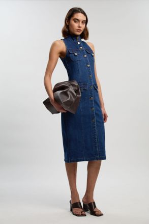 Karen Millen Womens Denim Sleeveless Midi Button Detail Dress - Blue Cotton - Size 12 UK