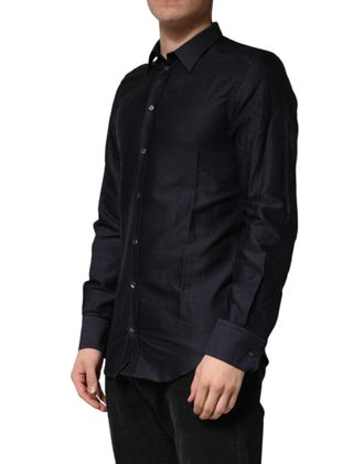Dolce & Gabbana Mens Black Dotted Cotton Collared Gold Dress Shirt