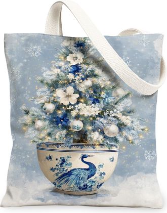 Generic Christmas Tree Canvas Tote Bags, Floral Design Reusable Grocery Bags, Winter Vintage Washable Shoulder Strap Canvas for Travel Picnic 13x15 Inch