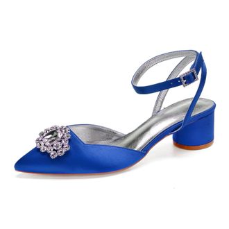 Generic Wedding Bridal Heels Women Ankle Strap Pointed Toe Slingback Chunky Low Heels Womens Pumps Wedding Dress Shoes 4.5Cm,Blue,9 UK