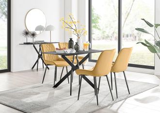 Furniturebox Leonardo Grey Glass Marble Effect Black Leg Table & 4 Pesaro Black Leg Chairs in Mustard