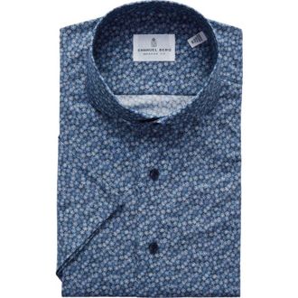 Emanuel Berg Modern Fit Floral Short Sleeve Stretch Poplin Sport Shirt in Dark Blue at Nordstrom Rack, Size Large/x-Large