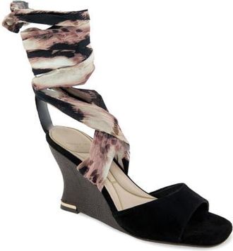 Kenneth Cole Fabia Ankle Wrap Wedge Sandal in Black/Brown Suede at Nordstrom, Size 6.5