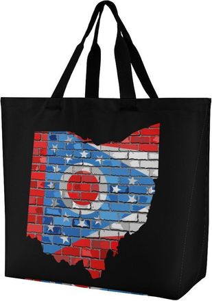 Generic Ohio Brick Map Flag Reusable Shopping Bags One Shoulder Grocery Tote Bag Waterproof Big Purse for Work Travel