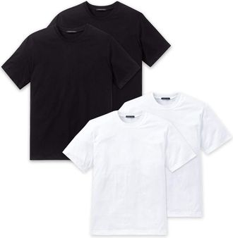 Schiesser Mens Jersey T-Shirt Pack of 4 - American Shirt Crew Neck - Short Sleeve Vests - Black/White - Multicolour - Small