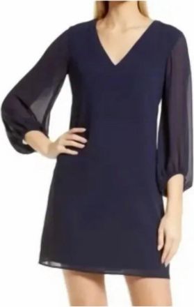 Eliza J Chiffon Long Sleeve Shift Dress In Navy