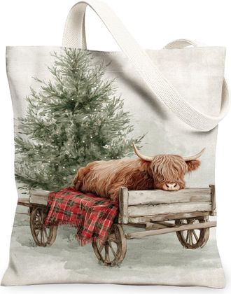 Generic Christmas Cow Canvas Tote Bags, Rustic Animal Design Reusable Grocery Bags, Winter Lightweight Washable Shoulder Strap Canv, Beige, 13x15 Inch