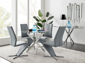 Furniturebox Novara Round 100cm Chrome Metal & Glass Dining Table & 4 Willow Dining Chairs Set in Grey