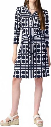 Joseph Ribkoff Dot Print Waist Tie Shirt Dress In Midnight Blue/vanilla