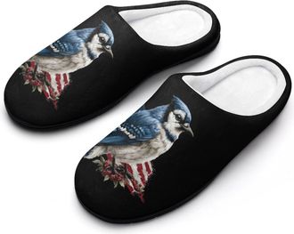 Generic Blue Jay Bird with U.S. Flag Funny Mens Cotton Slippers Soft Non-Slip Rubber Sole House Slipper Indoor Outdoor