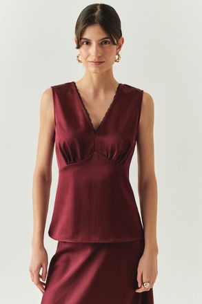 Exquise Galilea V Neck Satin Look Blouse in Cherry at Nordstrom, Size X-Small