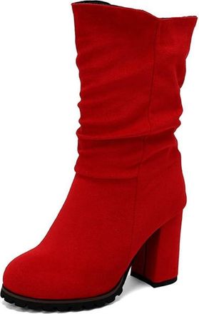 Generic Womens Chunky Platform Round Toe Mid Calf Boots Slouchy Wide Calf Pleated Slip On Fashion Warm Winter Shoes (Red,5.5)