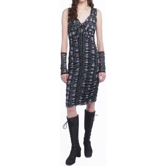 Anna Sui Rosetti Mesh Ruched Tie Dress in Black/lilac Multi at Nordstrom, Size X-Small