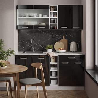 Vicco Cocina Para Solteros R-line, Negro Brillo/blanco, 160 Cm Sin Encimera