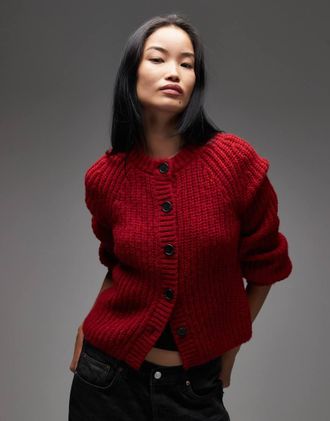& Other Stories Cardigan in maglia spessa rosso con maniche a palloncino in misto lana e lana dalpaca
