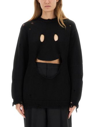 Moschino Black Distressed Crew Neck Sweater