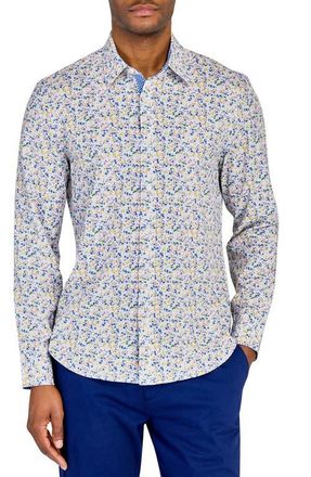 ConStruct Slim Fit Spring Floral Recycled 4-Way Stretch Performance Long Sleeve Shirt in White at Nordstrom, Size Large