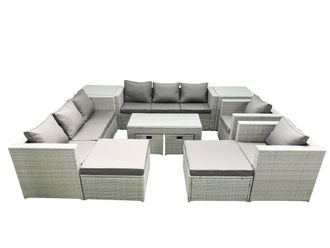 Fimous Rattan Garden Furniture Set Outdoor Lounger Sofa with Coffee Table 4 Footstools 2 Side Tables Light Grey Mixed 12 Seater