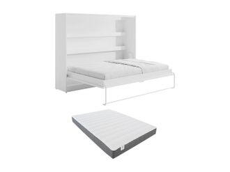 Vente-Unique Cama abatible 140 x 200 cm - Apertura horizontal manual - Con LEDs - blanco + Colch&oacute;n - RAPILI