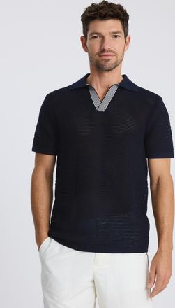 Moss Short Sleeve Navy Open Knit Skipper Polo Shirt