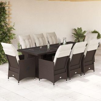 vidaXL Set De Mesa Y Sillas Jard&iacute;n 9 Piezas Y Cojines Rat&aacute;n Pe Marr&oacute;n Vidaxl