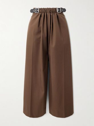 Loewe Pantaloni Cropped A Gamba Larga In Twill Di Misto Cotone E Seta Con Finiture In Pelle - Marrone