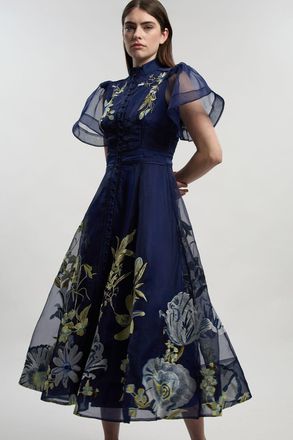Karen Millen Womens Petite Botanical Embroidery Organdie Angel Sleeve Midi Dress - Navy - Size 14 UK