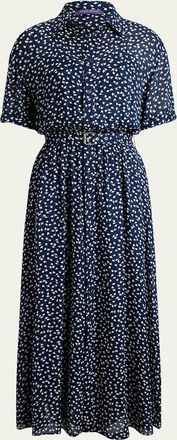 Ralph Lauren Collection Wave Geo-Print Short-Sleeve Belted Midi Shirtdress