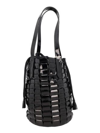 Dragon Diffusion Black Glossy Woven Leather Drawstring Bucket Bag