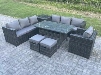 Fimous 9 Seater Outdoor Lounge Sofa Garden Furniture Set Patio Chair Rattan Rectangular Dining Table 2 Stool in Dark Grey