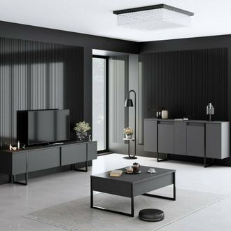 Dmora Set De Muebles De Sala Pignano, Modular, 4 Estantes, Puerta Abatible, Negro Antracita